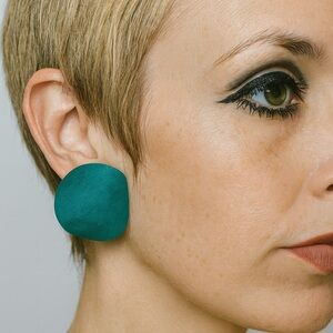 Vintage 1970s–80s Bold Teal Wood Clip-On Earrings | Geometric Sculptural